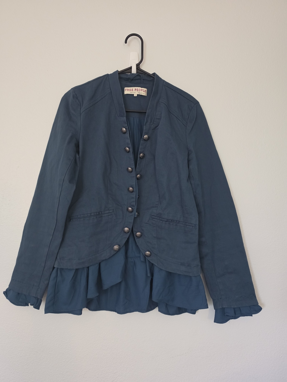Free People Navy Military-Style Ruffle Hem Jacket